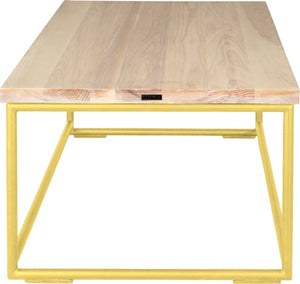 Yellow metal table with whitewash stain ash wood made in UK - side view round frame