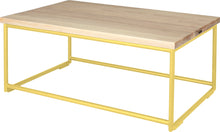 Load image into Gallery viewer, Yellow metal table with whitewash stain ash wood made in UK - back side view round frame
