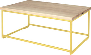 Yellow metal table with whitewash stain ash wood made in UK - back side view round frame