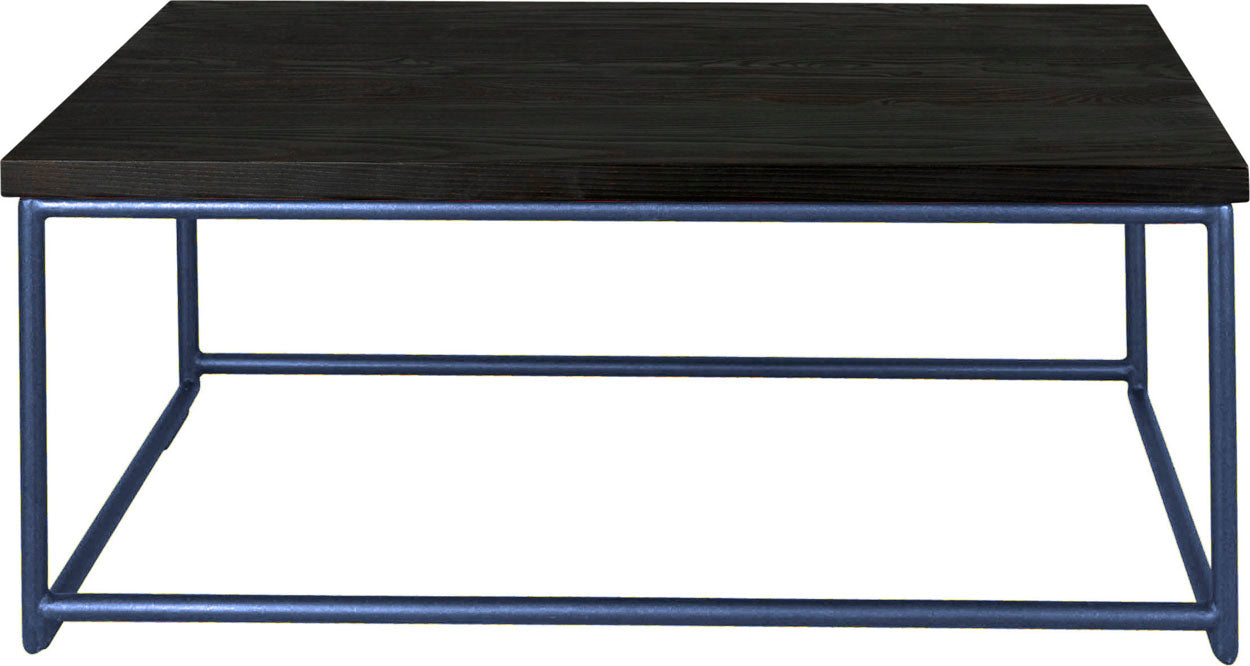 Blue metal table with black stain ash wood made in UK - front view round frame