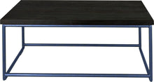 Load image into Gallery viewer, Blue metal table with black stain ash wood made in UK - front view round frame
