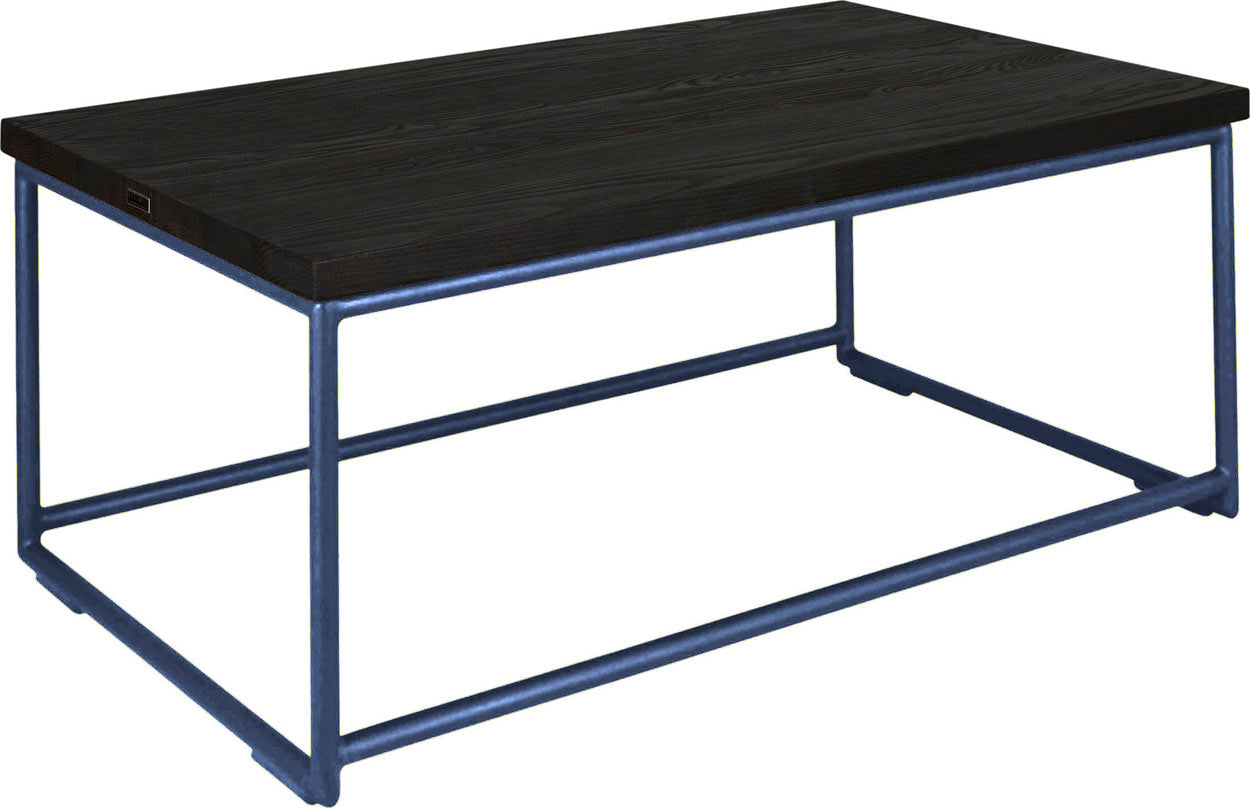 Blue metal table with black stain ash wood made in UK - angle view round frame