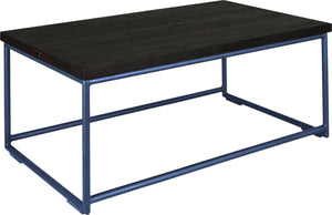 Blue metal table with black stain ash wood made in UK - angle view round frame