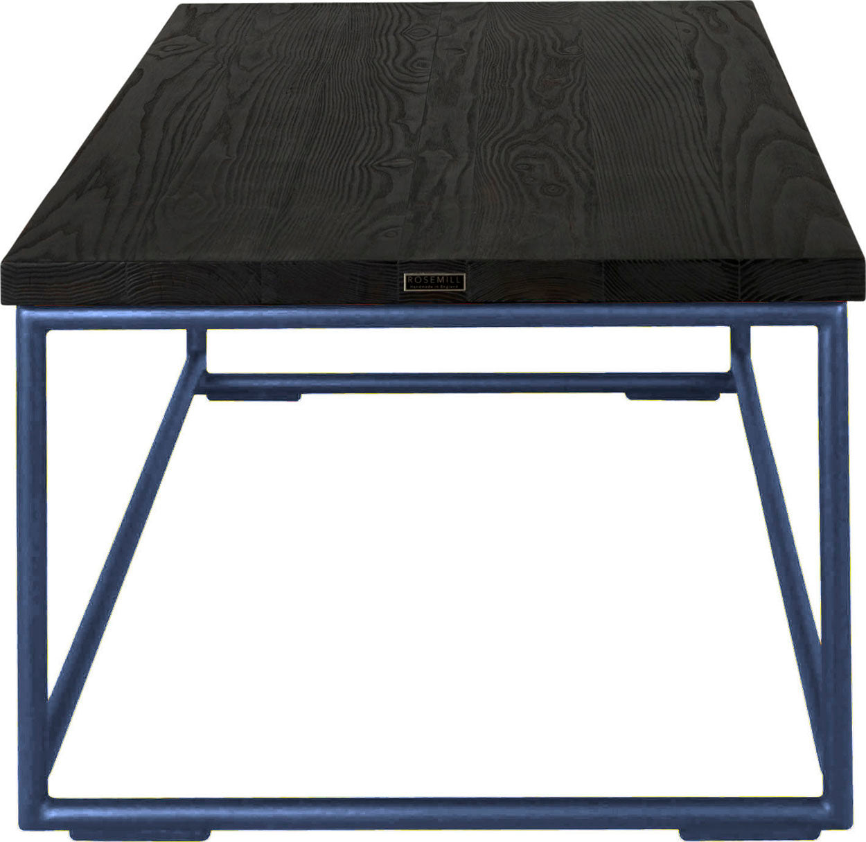 Blue metal table with black stain ash wood made in UK - side view round frame