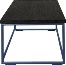 Load image into Gallery viewer, Blue metal table with black stain ash wood made in UK - side view round frame
