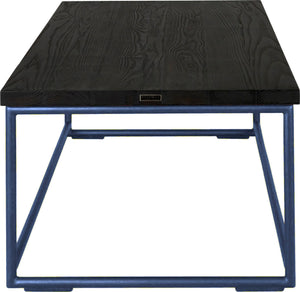 Blue metal table with black stain ash wood made in UK - side view round frame