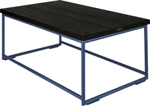Load image into Gallery viewer, Blue metal table with black stain ash wood made in UK - back side view round frame
