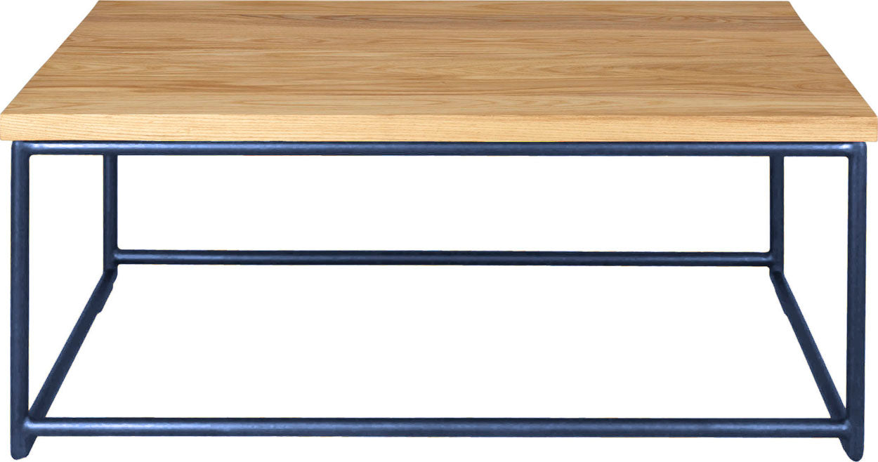 Blue metal table with natural stain ash wood made in UK - front view round frame