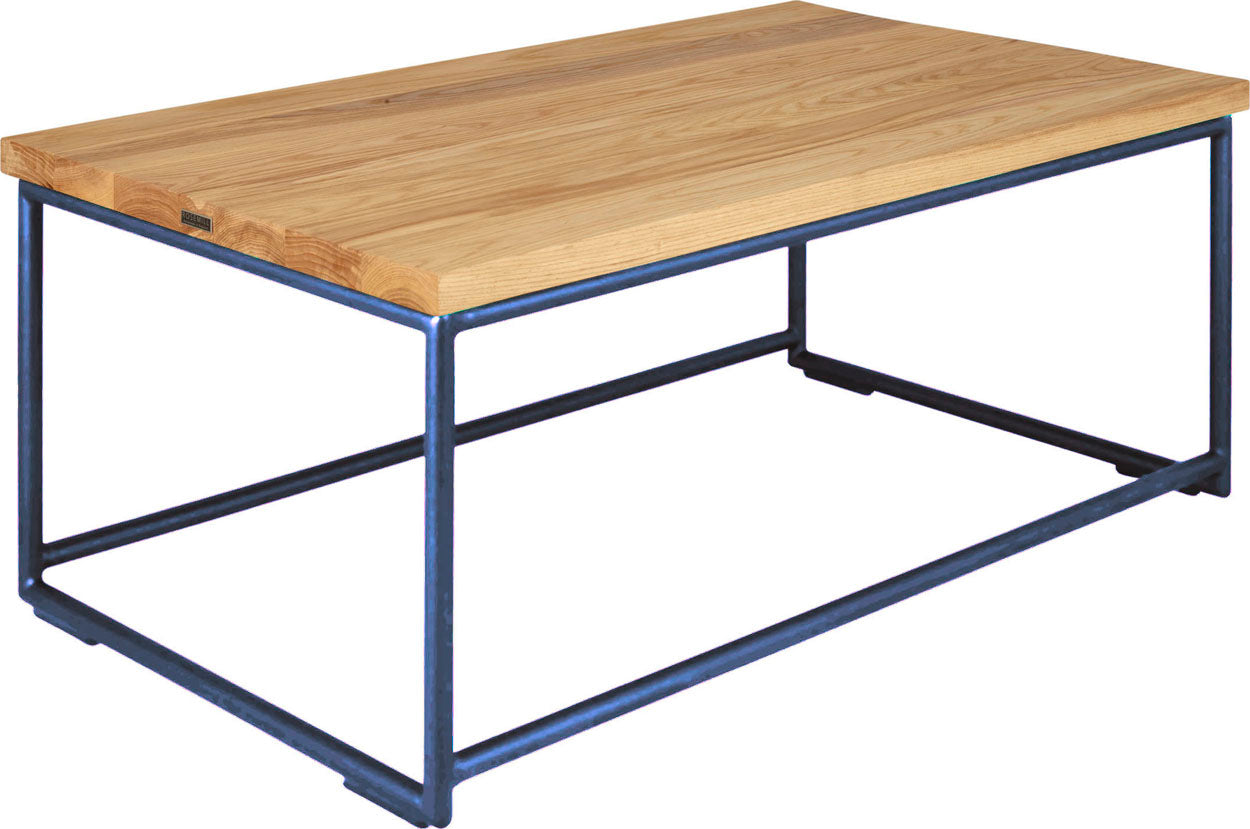 Blue metal table with natural stain ash wood made in UK - angle view round frame