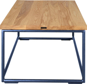 Blue metal table with natural stain ash wood made in UK - side view round frame