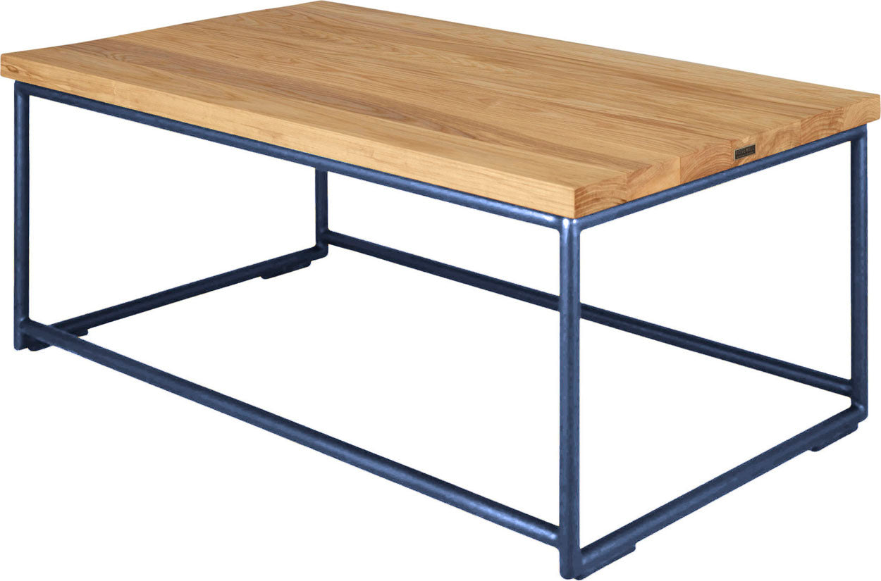 Blue metal table with natural stain ash wood made in UK - back side view round frame