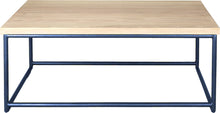 Load image into Gallery viewer, Blue metal table with whitewash stain ash wood made in UK - front view round frame
