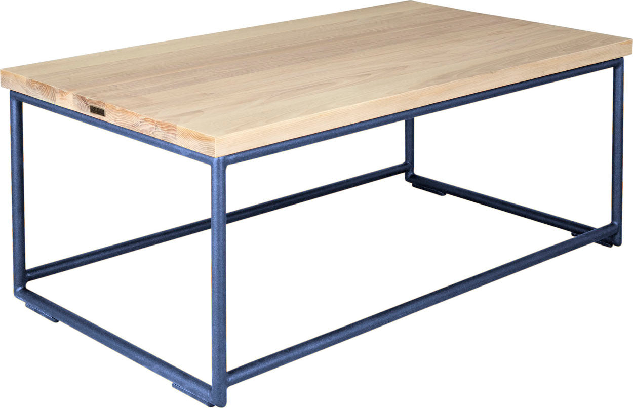 Blue metal table with whitewash stain ash wood made in UK - angle view round frame