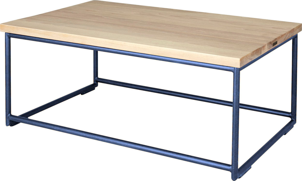 Blue metal table with whitewash stain ash wood made in UK - back side view round frame
