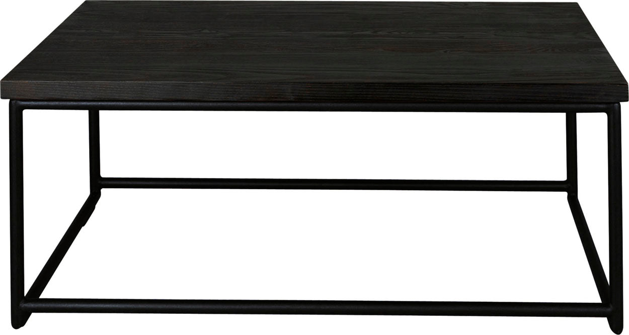 Black metal table with black stain ash wood made in UK - front view round frame