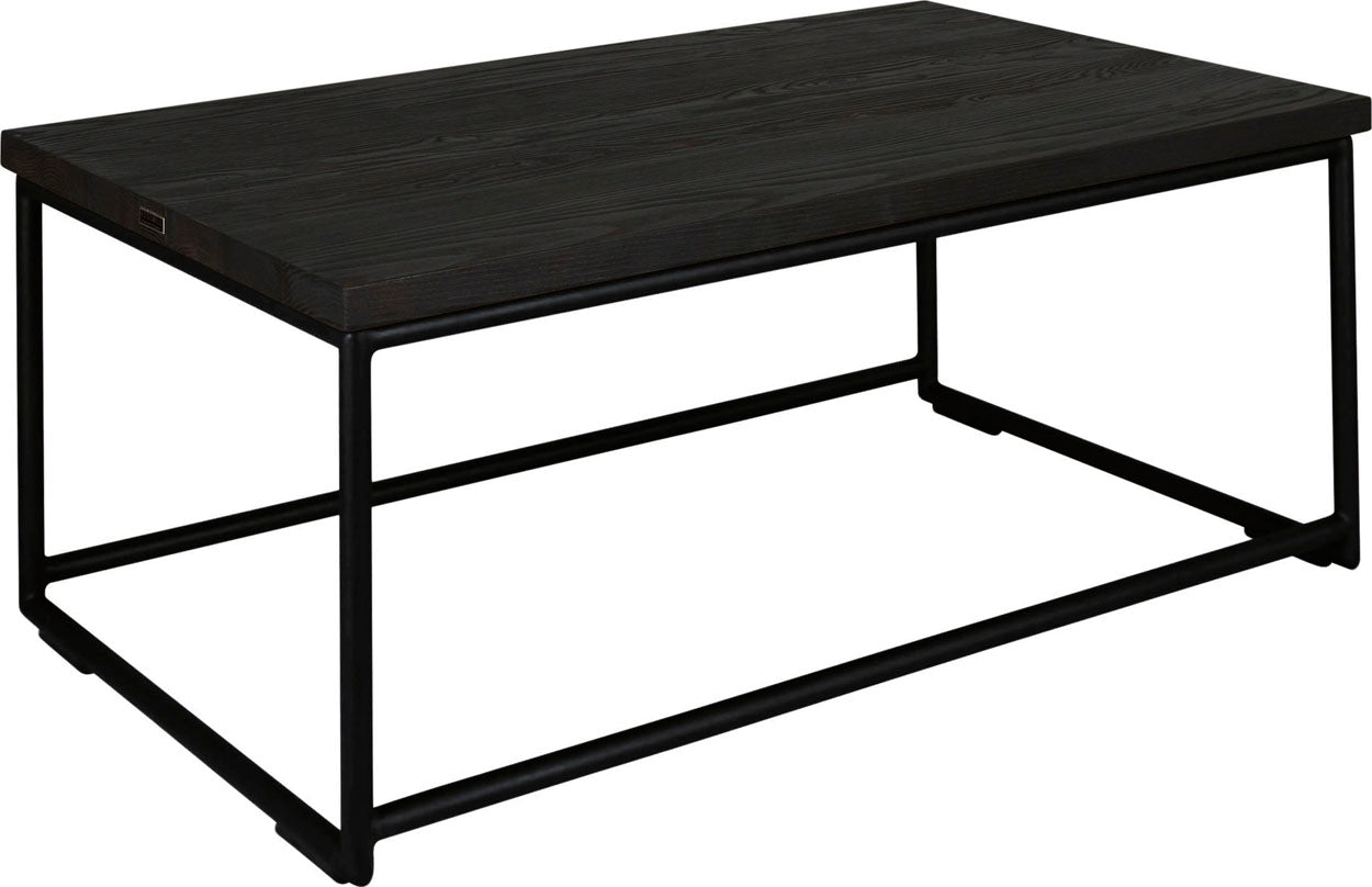 Black metal table with black stain ash wood made in UK - angle view round frame