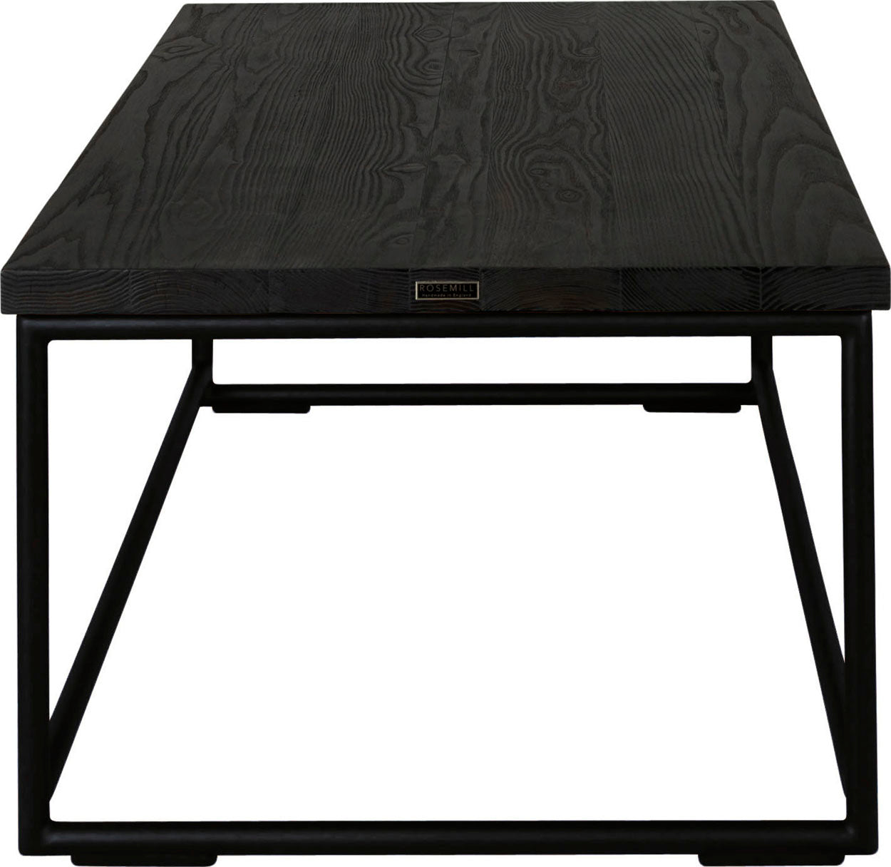 Black metal table with black stain ash wood made in UK - side view round frame