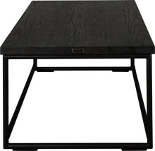 Load image into Gallery viewer, Black metal table with black stain ash wood made in UK - side view round frame

