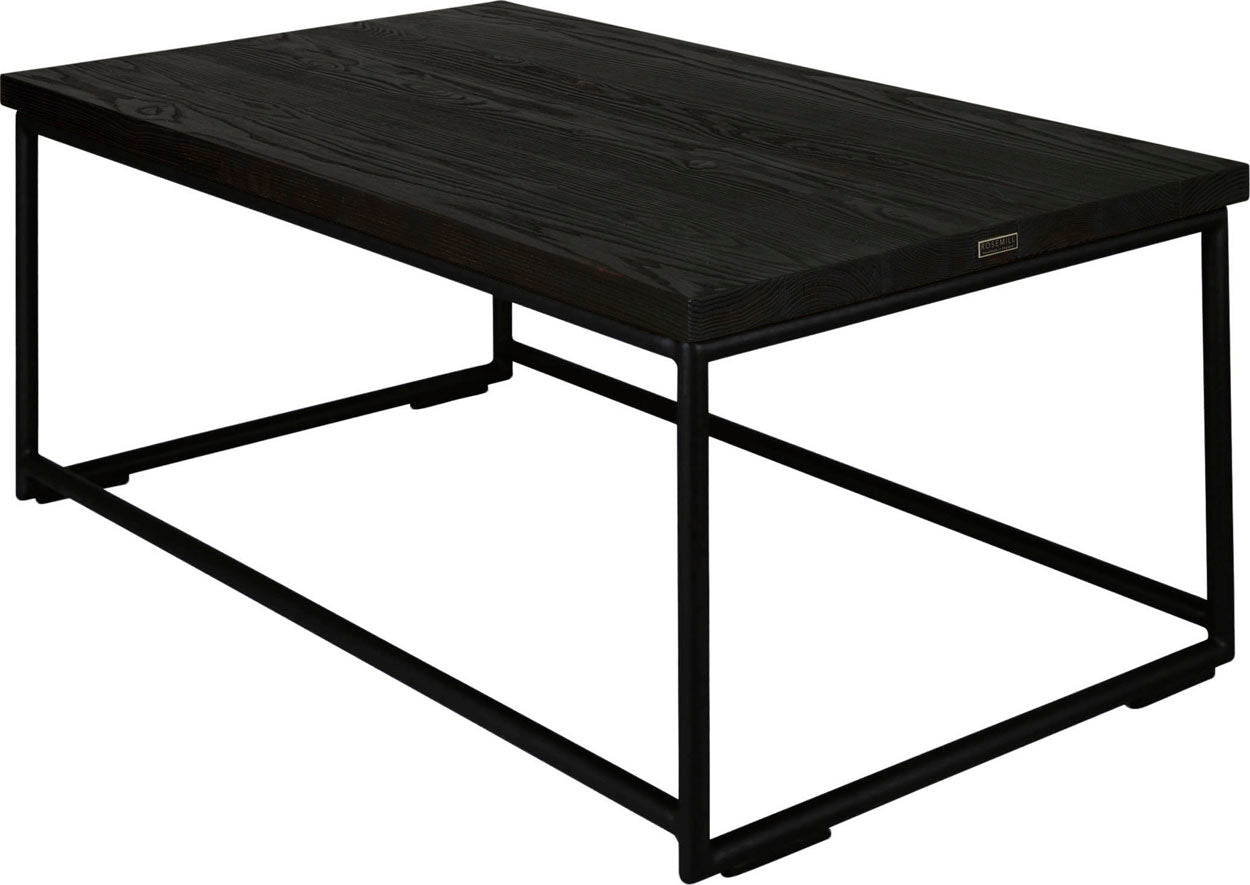 Black metal table with black stain ash wood made in UK - back side view round frame