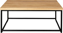 Load image into Gallery viewer, Black metal table with natural stain ash wood made in UK - front view round frame
