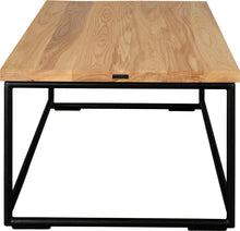 Load image into Gallery viewer, Black metal table with natural stain ash wood made in UK - side view round frame
