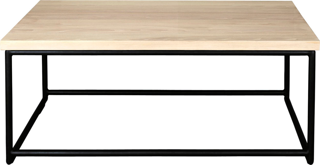 Black metal table with whitewash stain ash wood made in UK - front view round frame