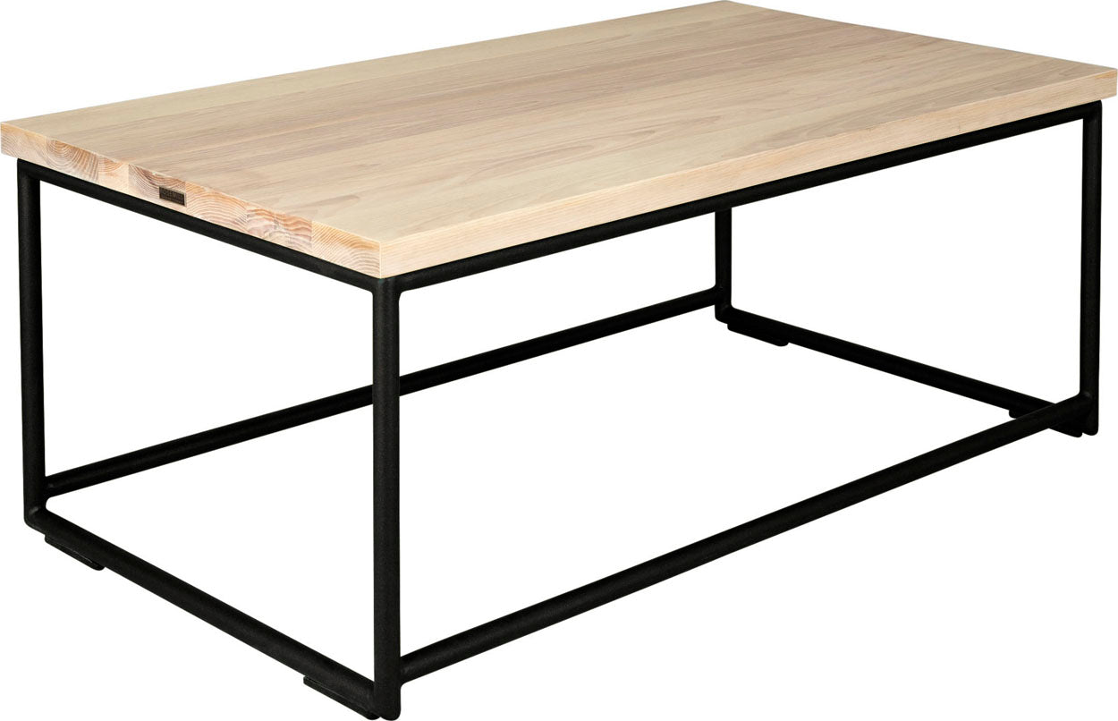 Black metal table with whitewash stain ash wood made in UK - angle view round frame
