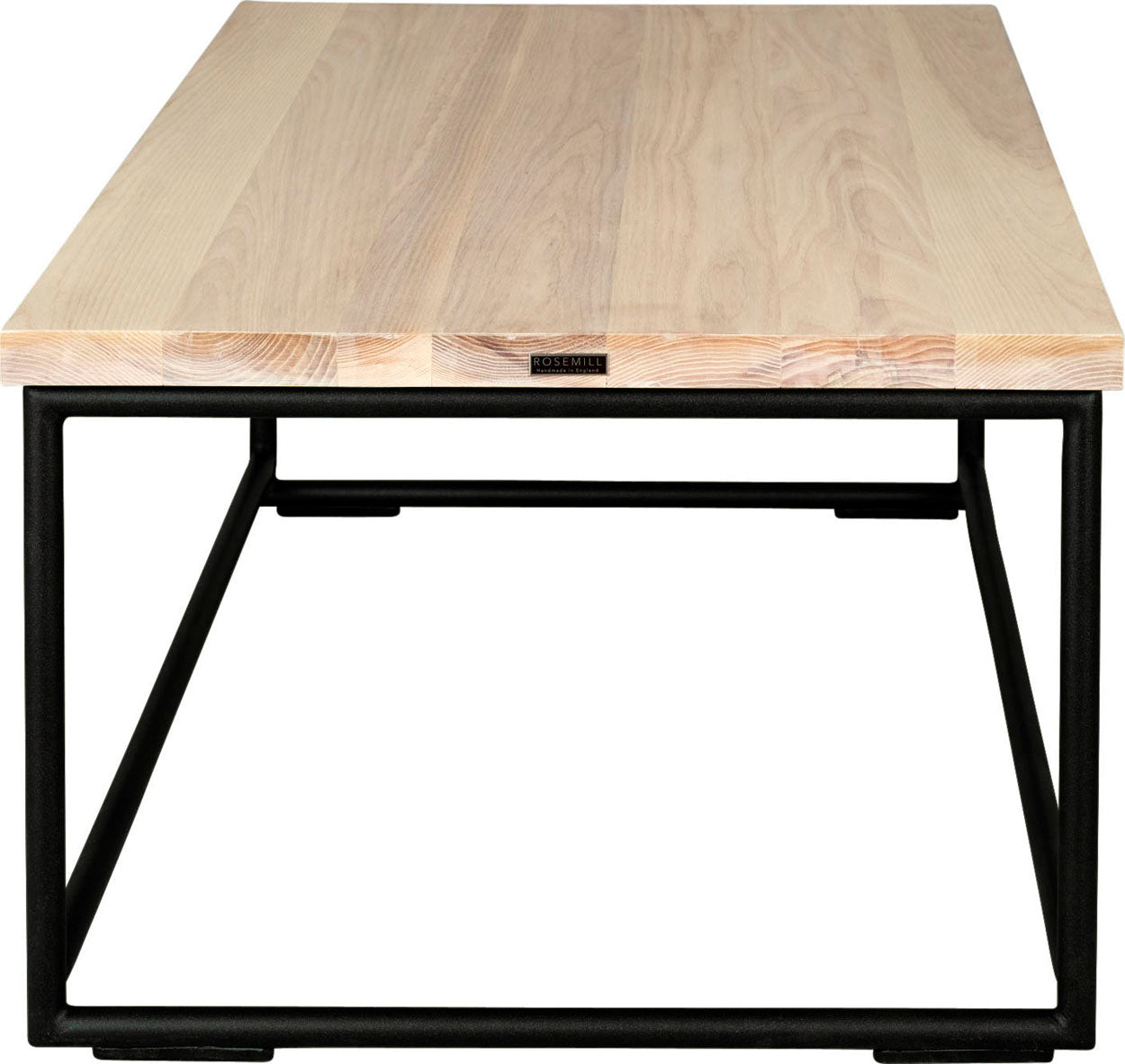 Black metal table with whitewash stain ash wood made in UK - side view round frame