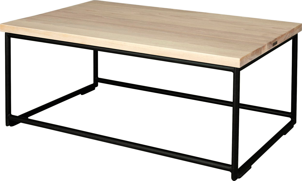 Black metal table with whitewash stain ash wood made in UK - back side view round frame