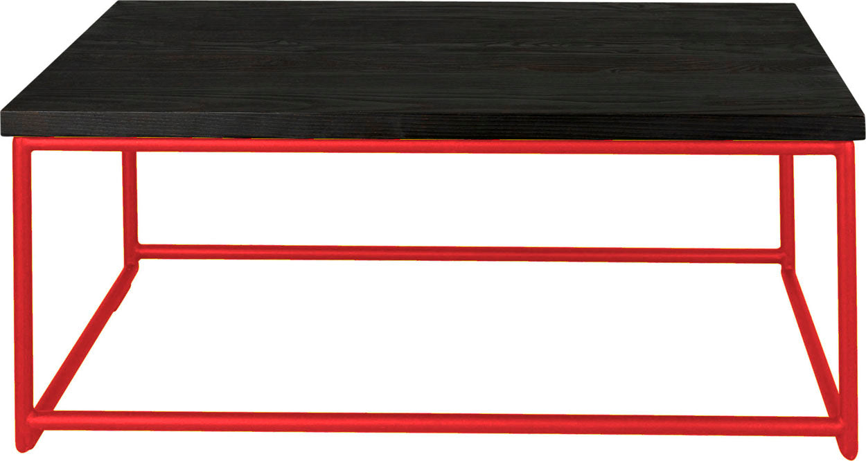 Red metal table with black stain ash wood made in UK - front view round frame