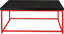 Load image into Gallery viewer, Red metal table with black stain ash wood made in UK - front view round frame
