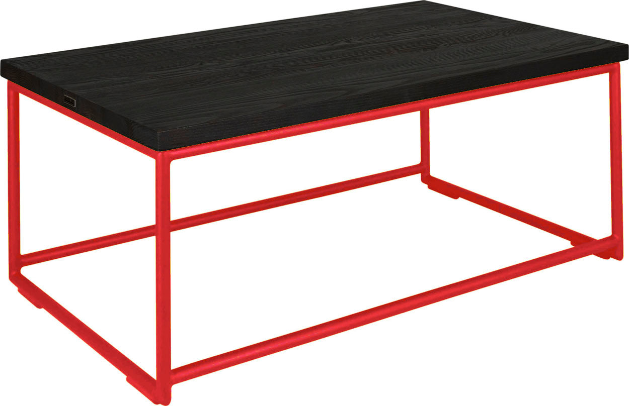 Red metal table with black stain ash wood made in UK - angle view round frame