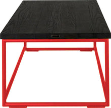 Load image into Gallery viewer, Red metal table with black stain ash wood made in UK - side view round frame
