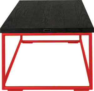 Red metal table with black stain ash wood made in UK - side view round frame