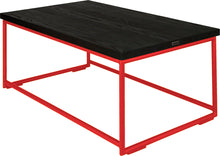 Load image into Gallery viewer, Red metal table with black stain ash wood made in UK - back side view round frame

