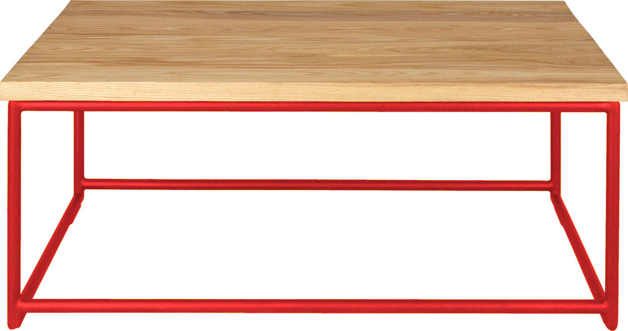 Red metal table with natural stain ash wood made in UK - front view round frame