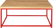 Load image into Gallery viewer, Red metal table with natural stain ash wood made in UK - front view round frame
