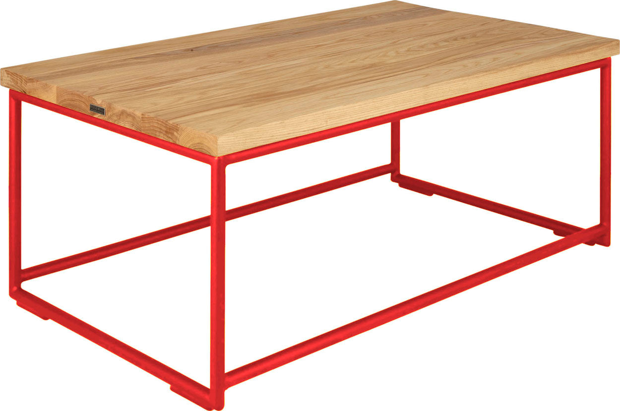 Red metal table with natural stain ash wood made in UK - angle view round frame