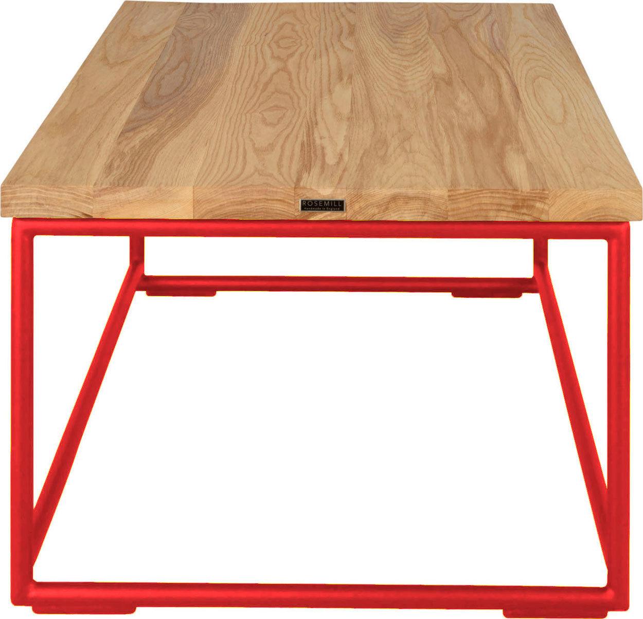 Red metal table with natural stain ash wood made in UK - side view round frame