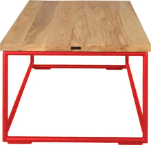 Load image into Gallery viewer, Red metal table with natural stain ash wood made in UK - side view round frame
