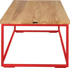 Red metal table with natural stain ash wood made in UK - side view round frame