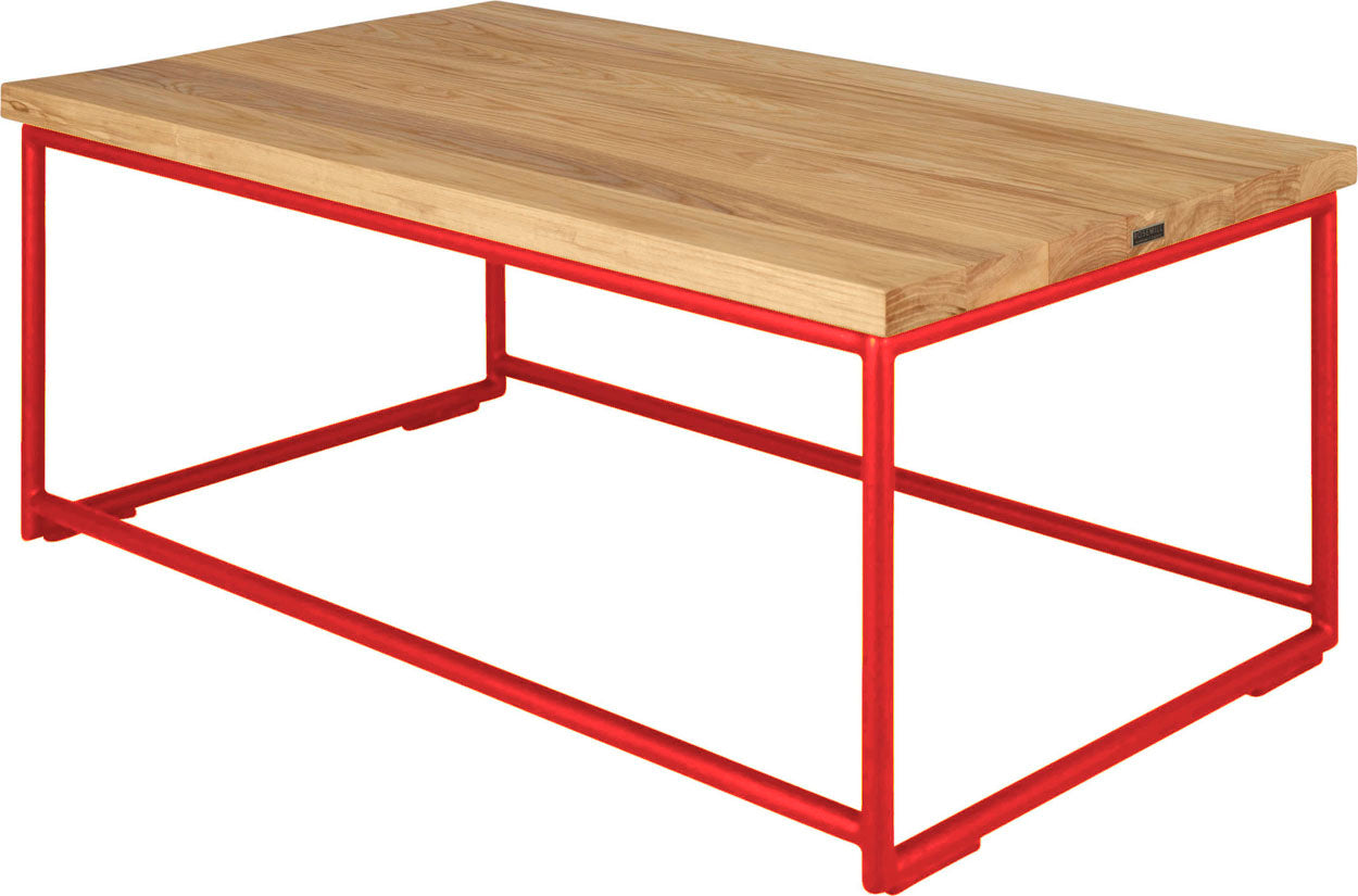 Red metal table with natural stain ash wood made in UK - back side view round frame