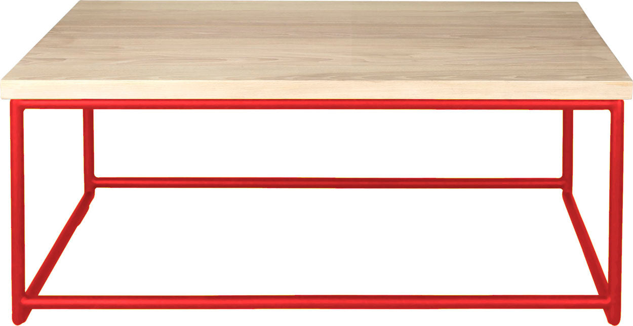 Red metal table with whitewash stain ash wood made in UK - front view round frame