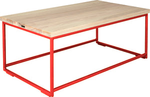 Red metal table with whitewash stain ash wood made in UK - angle view round frame