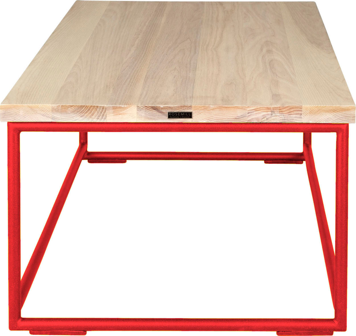 Red metal table with whitewash stain ash wood made in UK - side view round frame