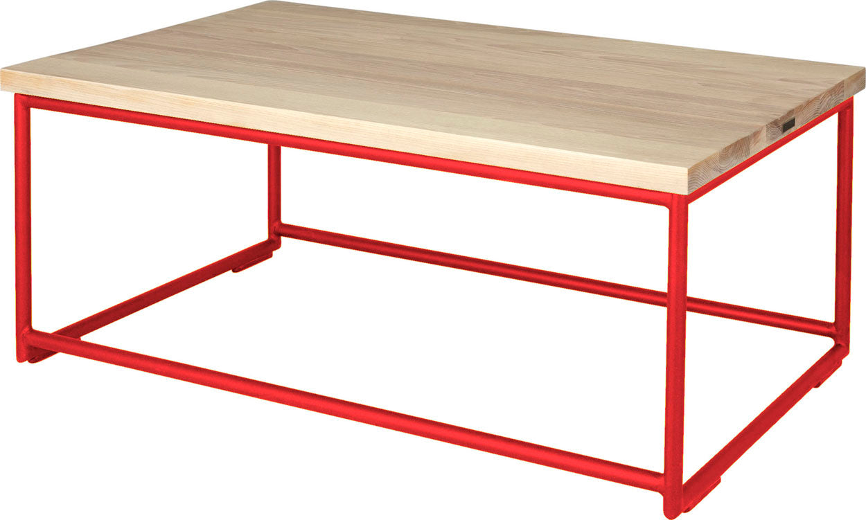 Red metal table with whitewash stain ash wood made in UK - back side view round frame
