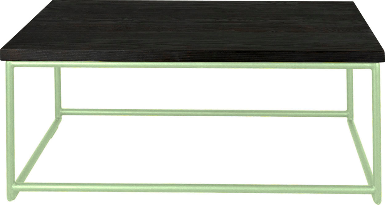 Sage green metal table with black stain ash wood made in UK - front view round frame