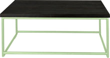 Load image into Gallery viewer, Sage green metal table with black stain ash wood made in UK - front view round frame
