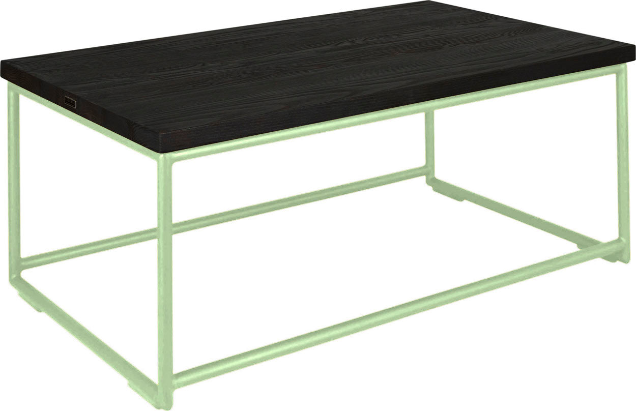 Sage green metal table with black stain ash wood made in UK - angle view round frame