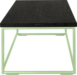 Sage green metal table with black stain ash wood made in UK - side view round frame